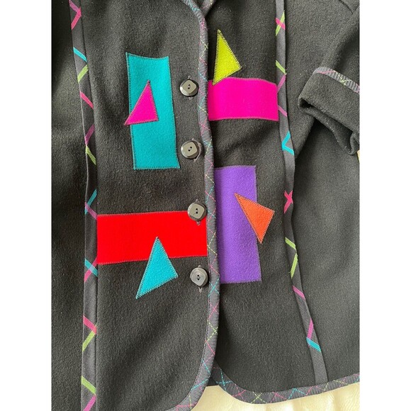 80s 90s Lynn Murray Wool Geometric Colorful Collared Button Front Coat Size S - Picture 3 of 12